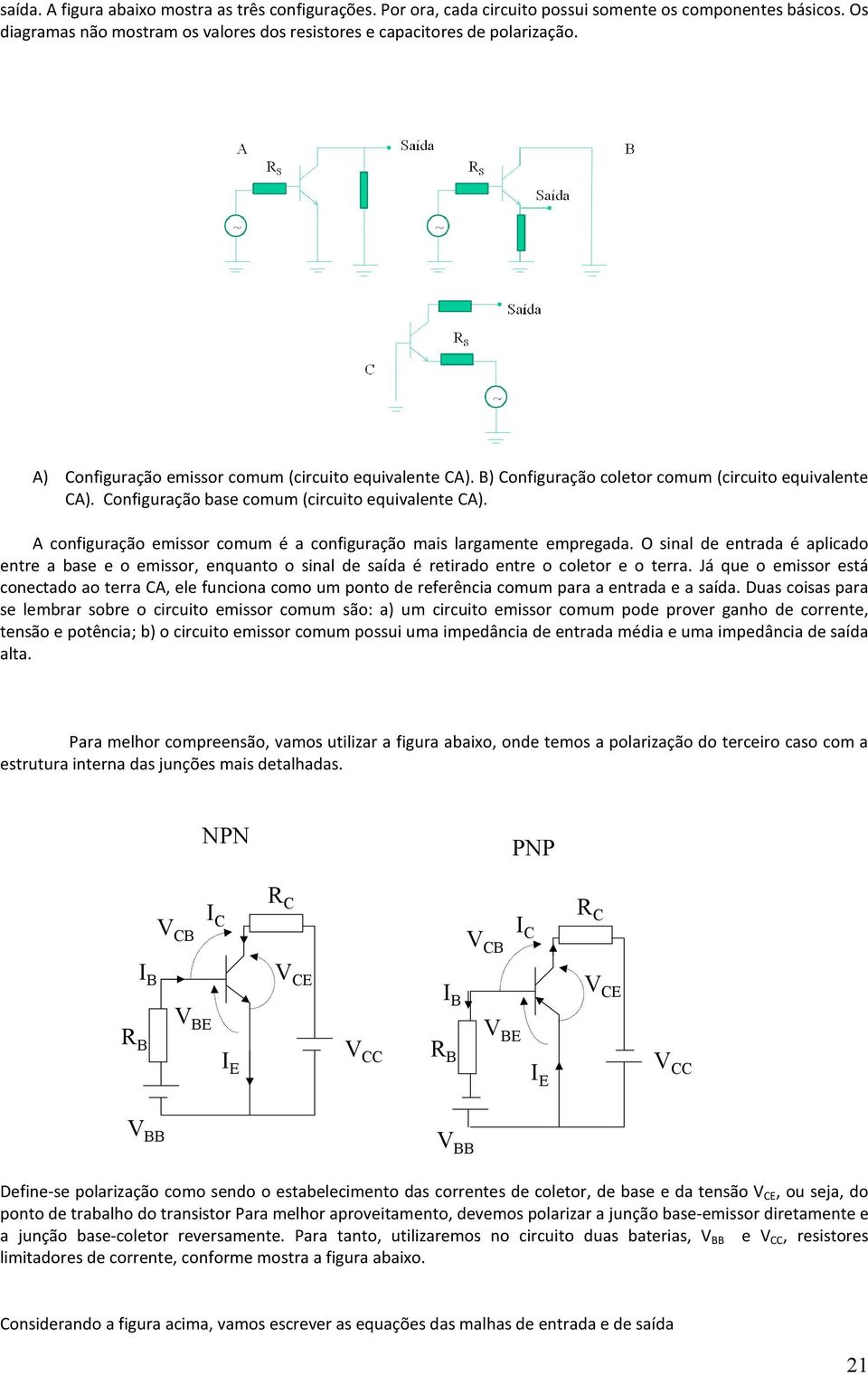 A configuração emissor comum é a configuração mais largamente empregada. O sinal de entrada é aplicado entre a base e o emissor, enquanto o sinal de saída é retirado entre o coletor e o terra.