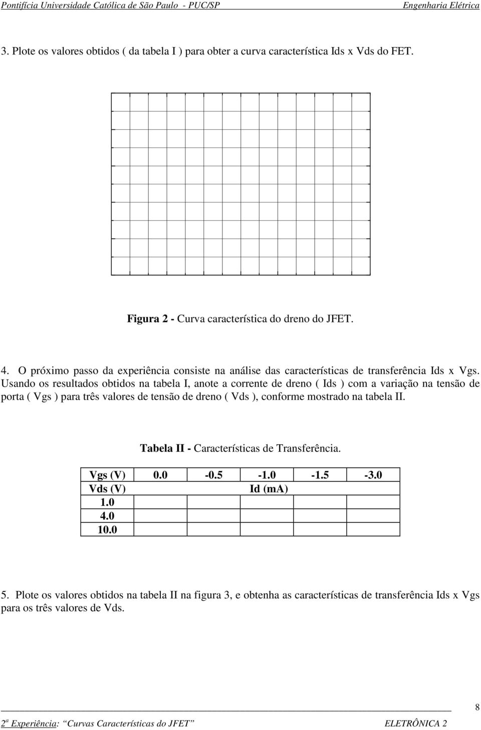 Usando os resultados obtidos na tabela I, anote a corrente de dreno ( Ids ) com a variação na tensão de porta ( Vgs ) para três valores de tensão de dreno ( Vds ), conforme mostrado na