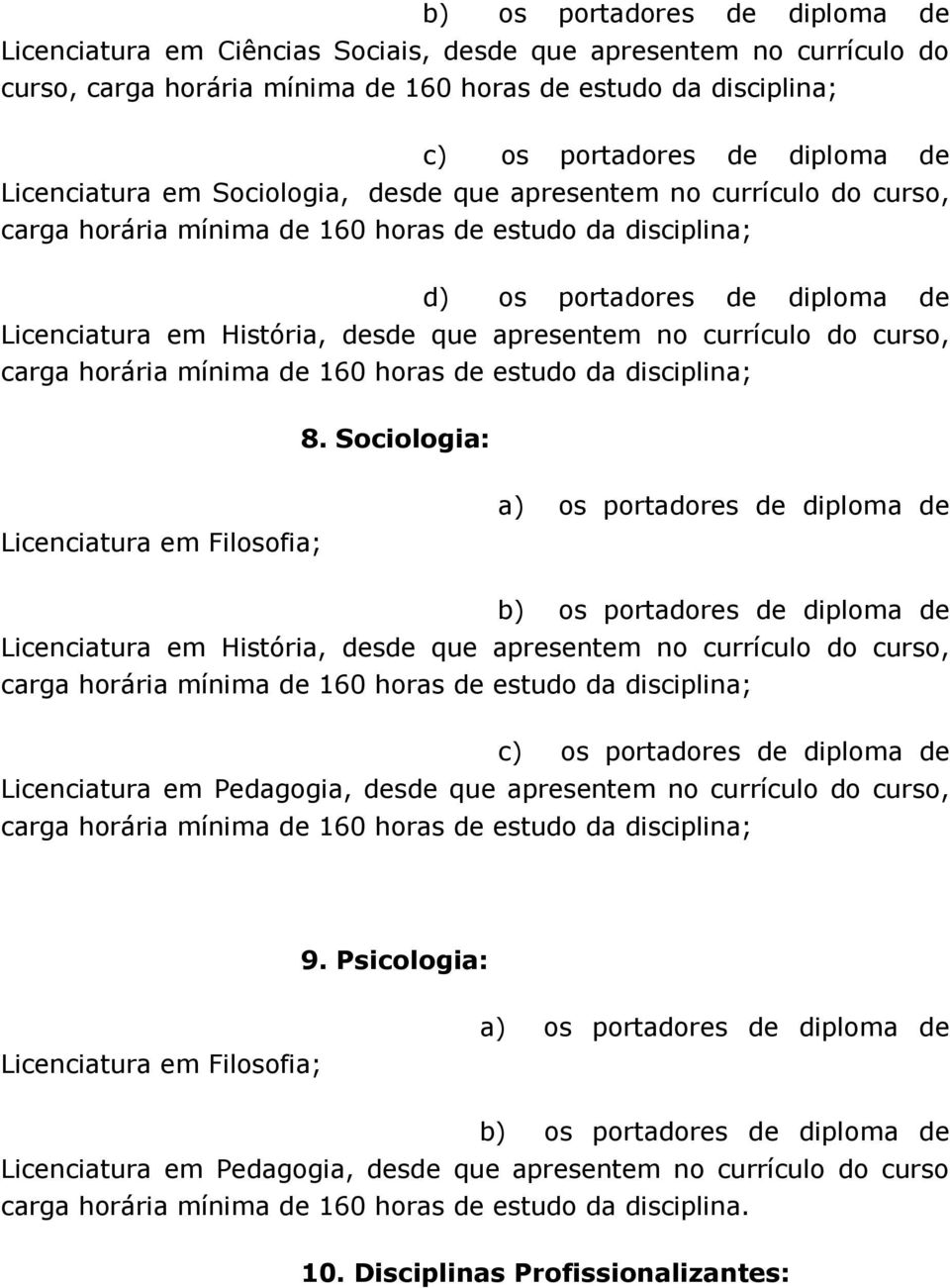 apresentem no currículo do curso, carga horária mínima de 160 horas de estudo da disciplina; 8.