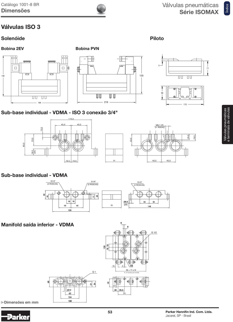 individual - VDMA G1/2" (2 ROSCAS) G1/8" (2 ROSCAS) G1/2" (3 ROSCAS) Manifold saída inferior - VDMA G