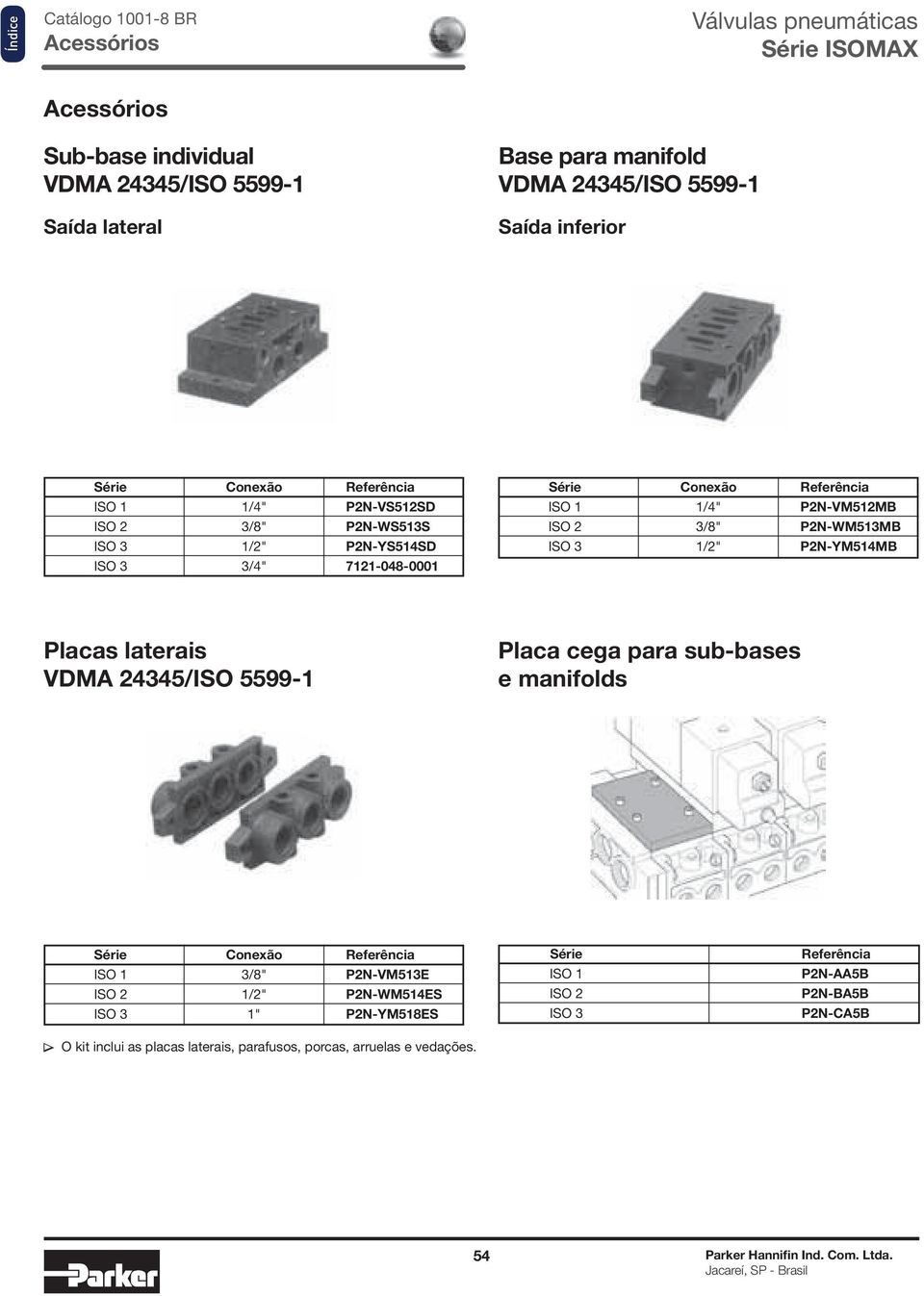 1/2" P2N-YM514MB Placas laterais VDMA 24345/ISO 5599-1 Placa cega para sub-bases e manifolds Série Conexão ISO 1 3/8" P2N-VM513E ISO 2 1/2" P2N-WM514ES ISO 3 1"