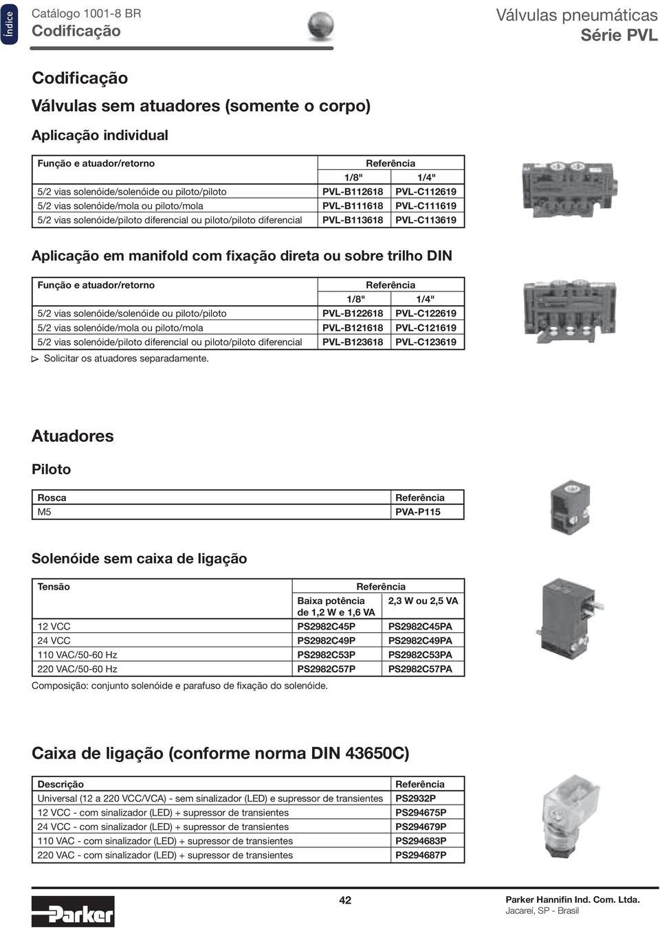 trilho DIN Função e atuador/retorno 1/8" 1/4" 5/2 vias solenóide/solenóide ou piloto/piloto PVL-B122618 PVL-C122619 5/2 vias solenóide/mola ou piloto/mola PVL-B121618 PVL-C121619 5/2 vias