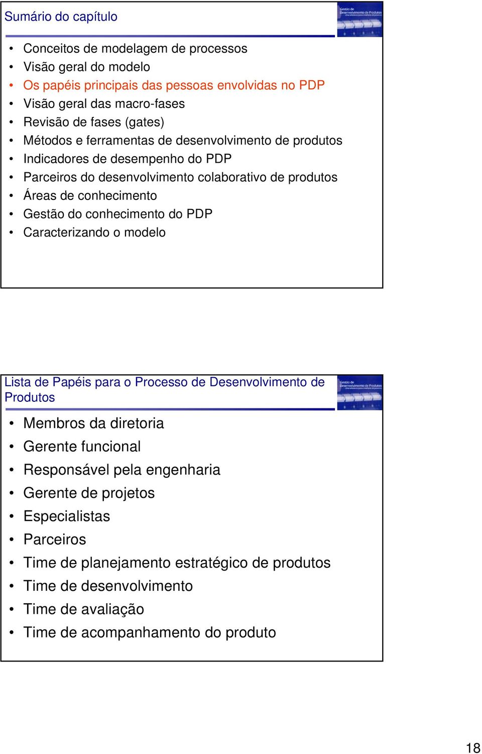 conhecimento Gestão do conhecimento do PDP Caracterizando o modelo Lista de Papéis para o Processo de de Produtos Membros da diretoria Gerente funcional Responsável pela