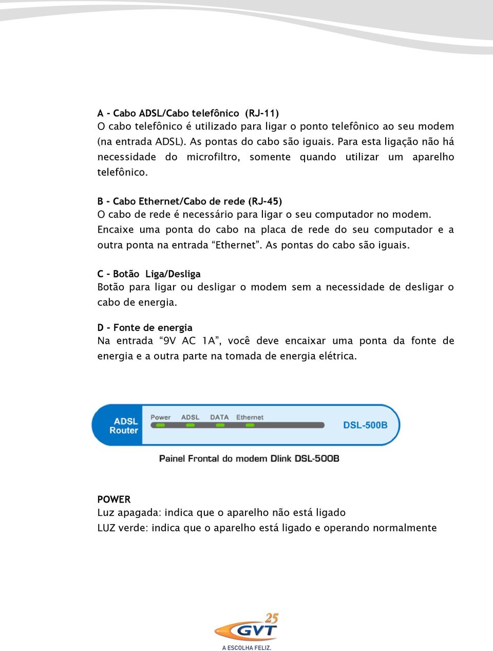 B - Cabo Ethernet/Cabo de rede (RJ-45) O cabo de rede é necessário para ligar o seu computador no modem.