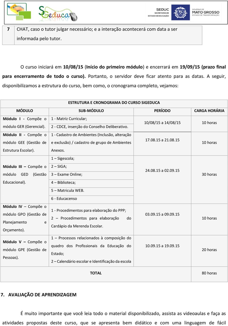 A seguir, disponibilizamos a estrutura do curso, bem como, o cronograma completo, vejamos: ESTRUTURA E CRONOGRAMA DO CURSO SIGEDUCA MÓDULO SUB-MÓDULO PERÍODO CARGA HORÁRIA Módulo I - Compõe o módulo