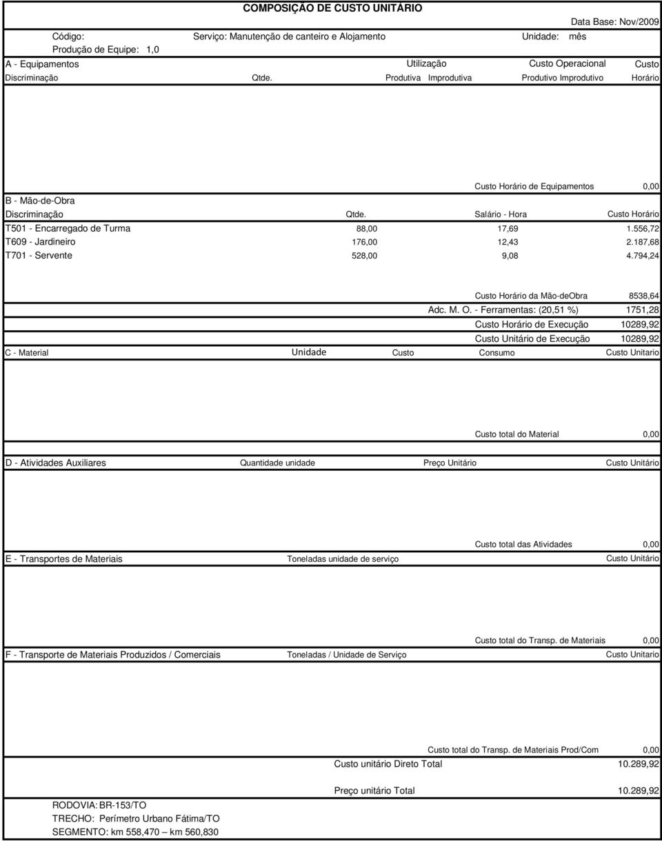 794,24 da Mão-deObra 8538,64 1751,28 de Execução 10289,92 de Execução 10289,92 C - Material Unidade Consumo total do Material