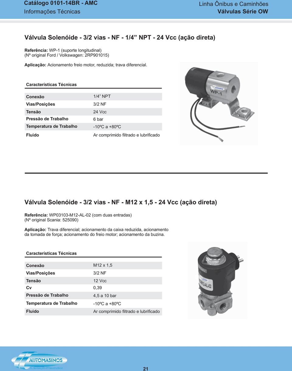 Tensão 1/4 NPT 3/2 NF 24 Vcc 6 bar Válvula Solenóide - 3/2 vias - NF - M12 x 1,5-24 Vcc (ação direta) Referência: WP03103-M12-AL-02 (com duas entradas) (Nº