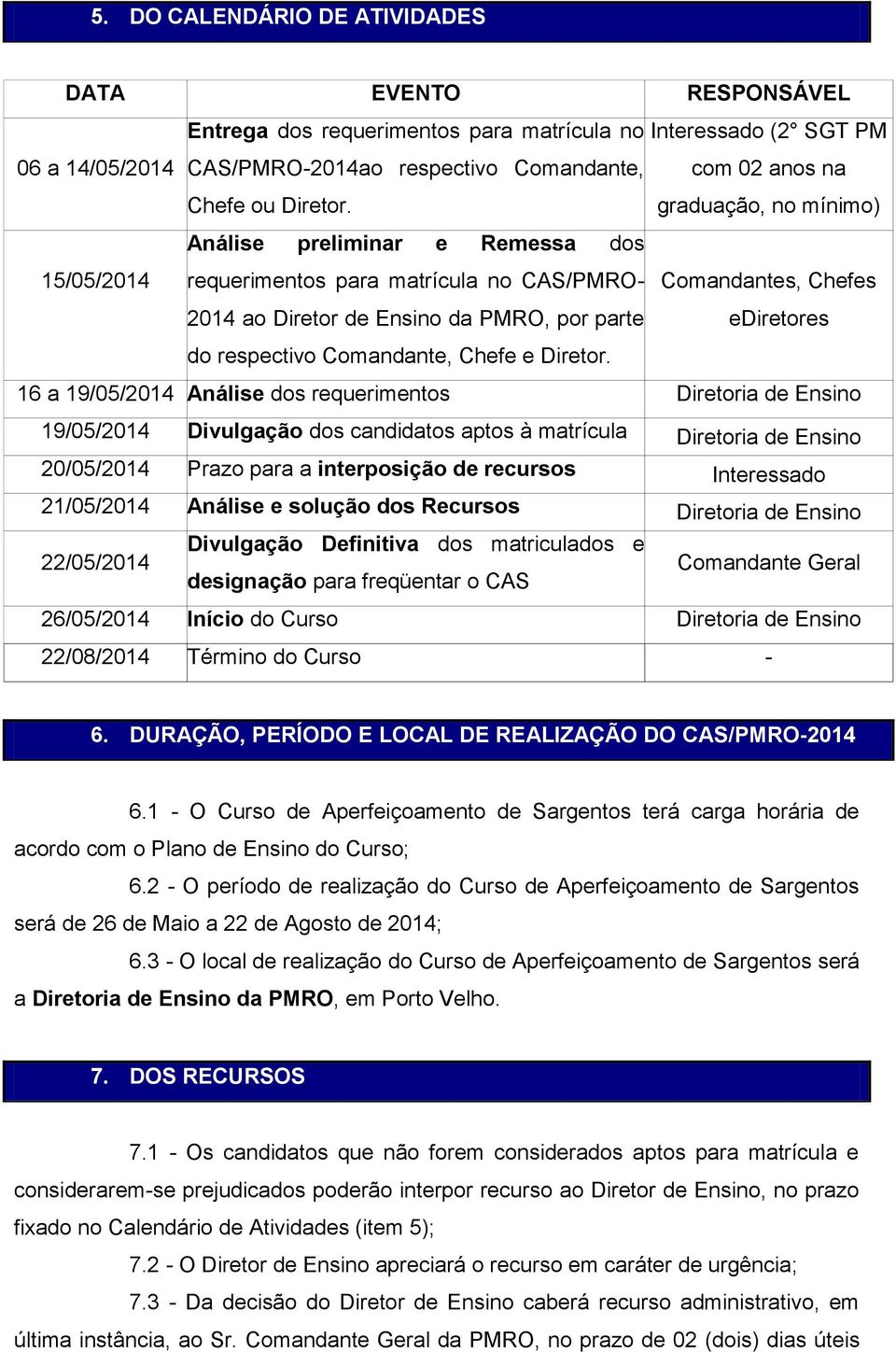 com 02 anos na graduação, no mínimo) Comandantes, Chefes ediretores 16 a 19/05/2014 Análise dos requerimentos Diretoria de Ensino 19/05/2014 Divulgação dos candidatos aptos à matrícula Diretoria de