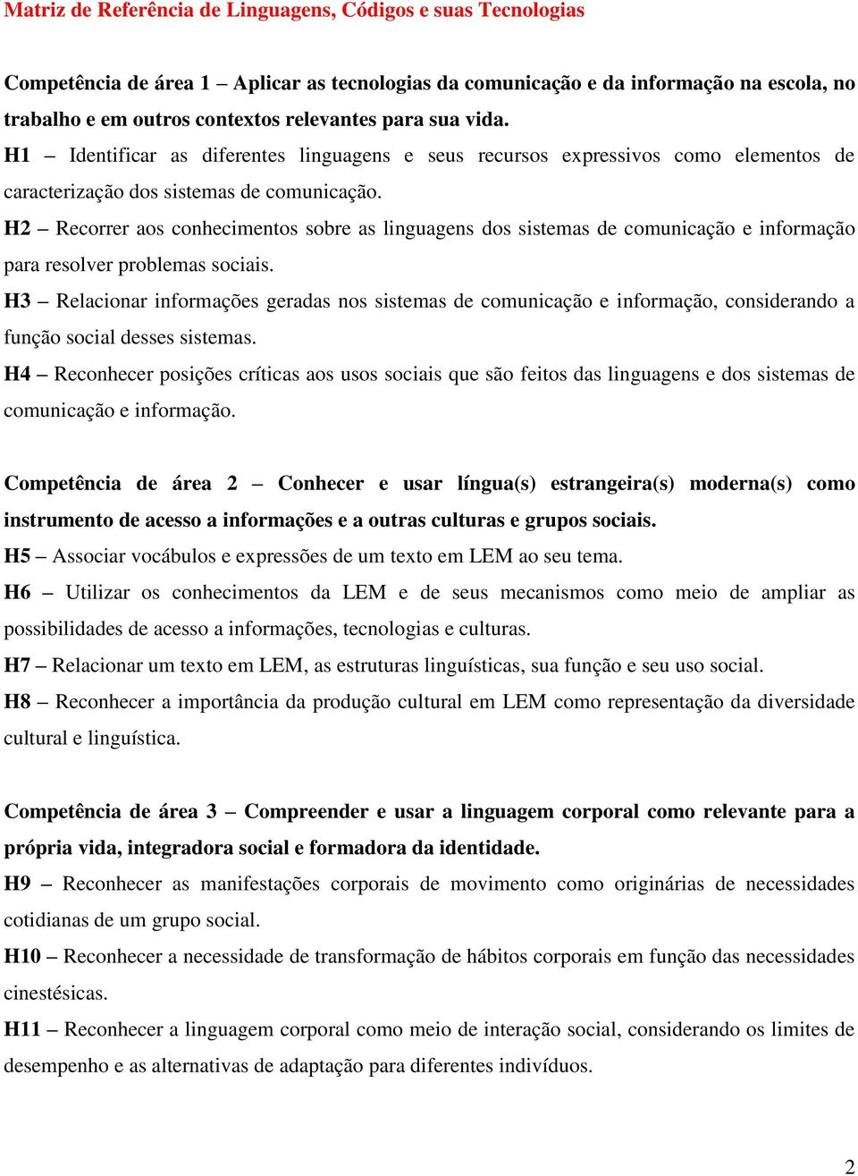 H2 Recorrer aos conhecimentos sobre as linguagens dos sistemas de comunicação e informação para resolver problemas sociais.