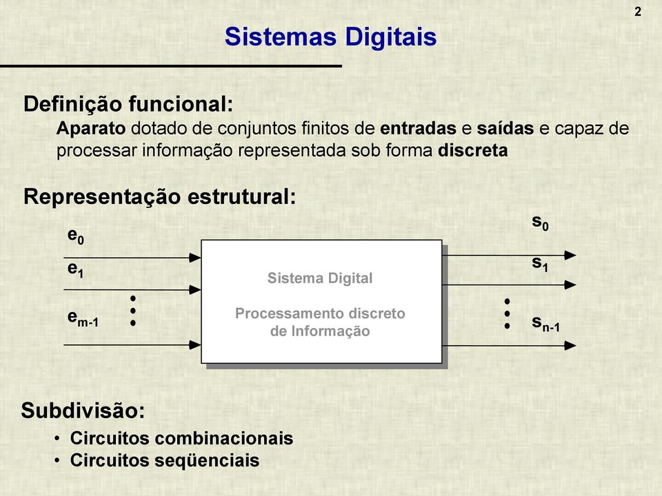 Representação estrutural: e 0 e 1 Sistema Digital s 0 s 1 e m-1 s n-1