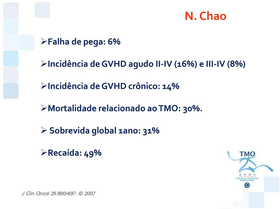 GVHD crônico: 14% Mortalidade relacionado ao