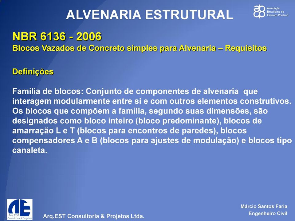 Os blocos que compõem a família, segundo suas dimensões, são designados como bloco inteiro (bloco predominante),