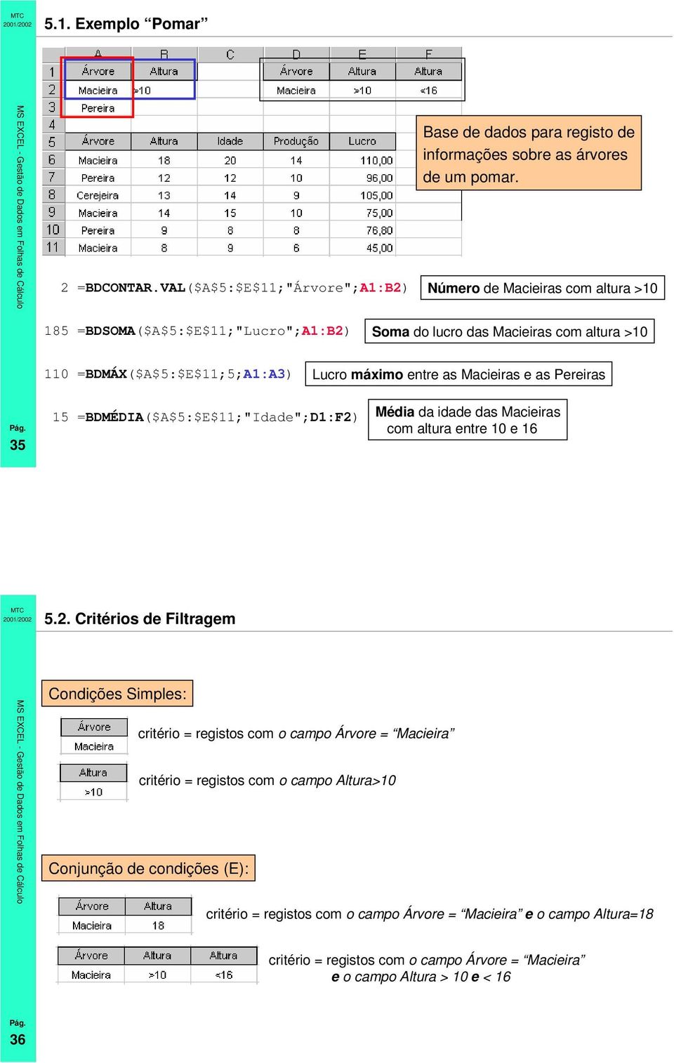 Pereiras 35 15 =BDMÉDIA($A$5:$E$11;"Idade";D1:F2)