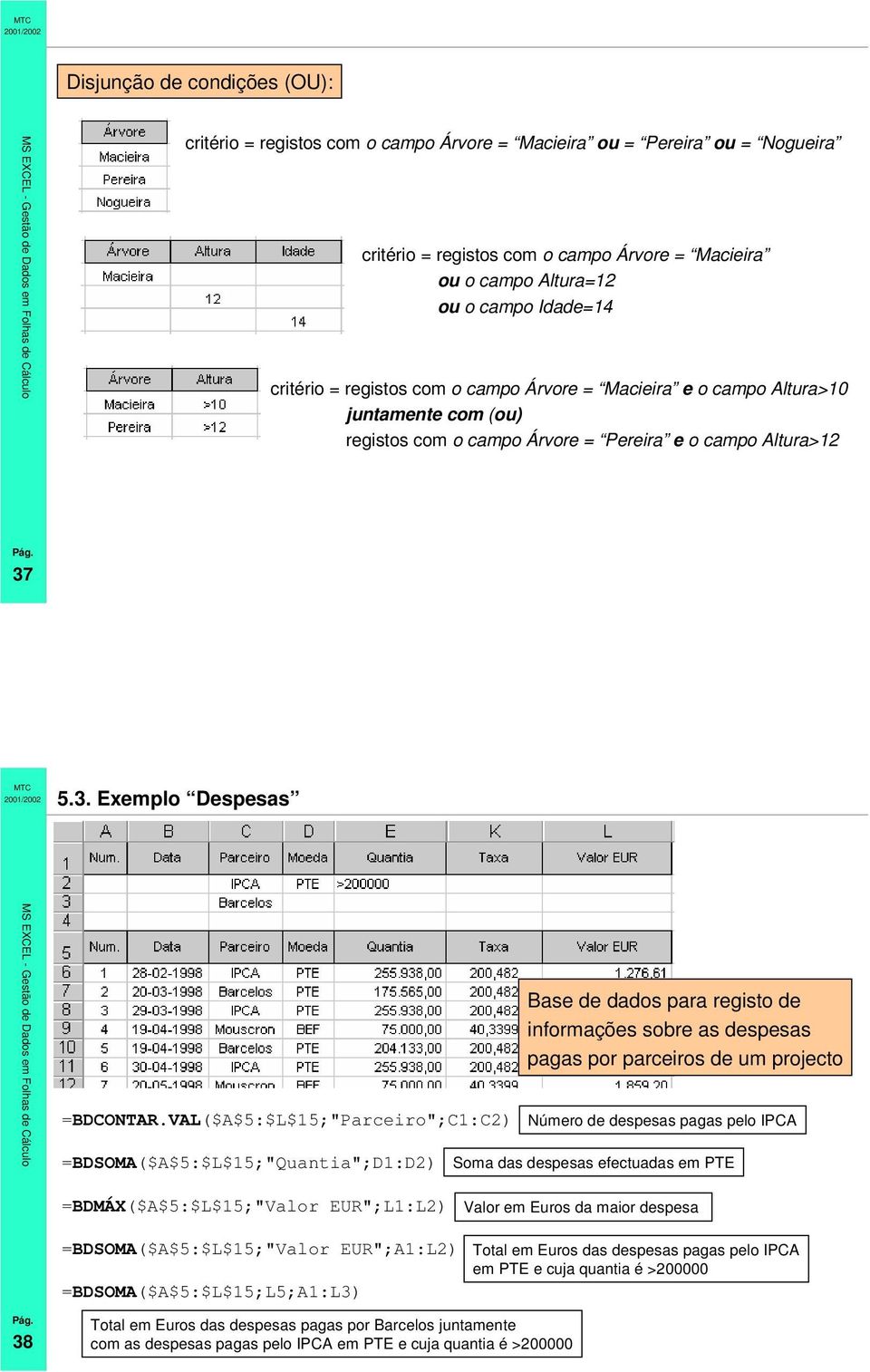 VAL($A$5:$L$15;"Parceiro";C1:C2) =BDSOMA($A$5:$L$15;"Quantia";D1:D2) Base de dados para registo de informações sobre as despesas pagas por parceiros de um projecto Número de despesas pagas pelo IPCA