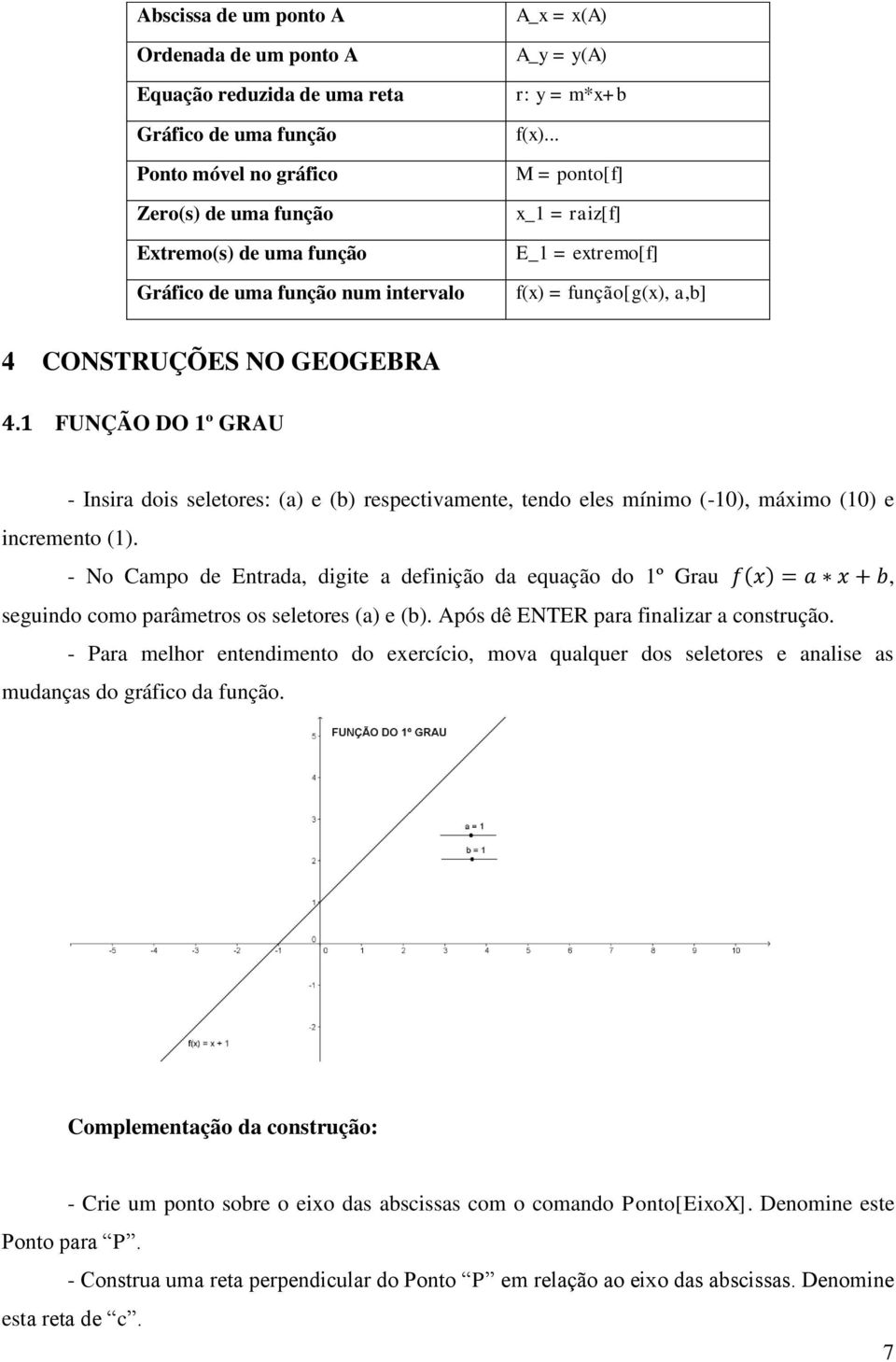 1 FUNÇÃO DO 1º GRAU - Insira dois seletores: (a) e (b) respectivamente, tendo eles mínimo (-10), máximo (10) e incremento (1).