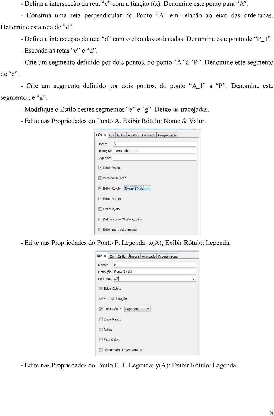 Denomine este segmento de e. - Crie um segmento definido por dois pontos, do ponto A_1 à P. Denomine este segmento de g. - Modifique o Estilo destes segmentos e e g. Deixe-as tracejadas.