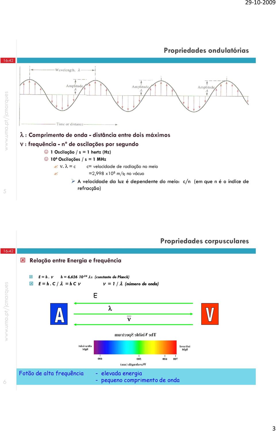 λ = c c= velocidade de radiação no meio =2,998 x10 8 m/s; no vácuo A velocidade da luz é dependente do meio: c/n (em que n é o índice de