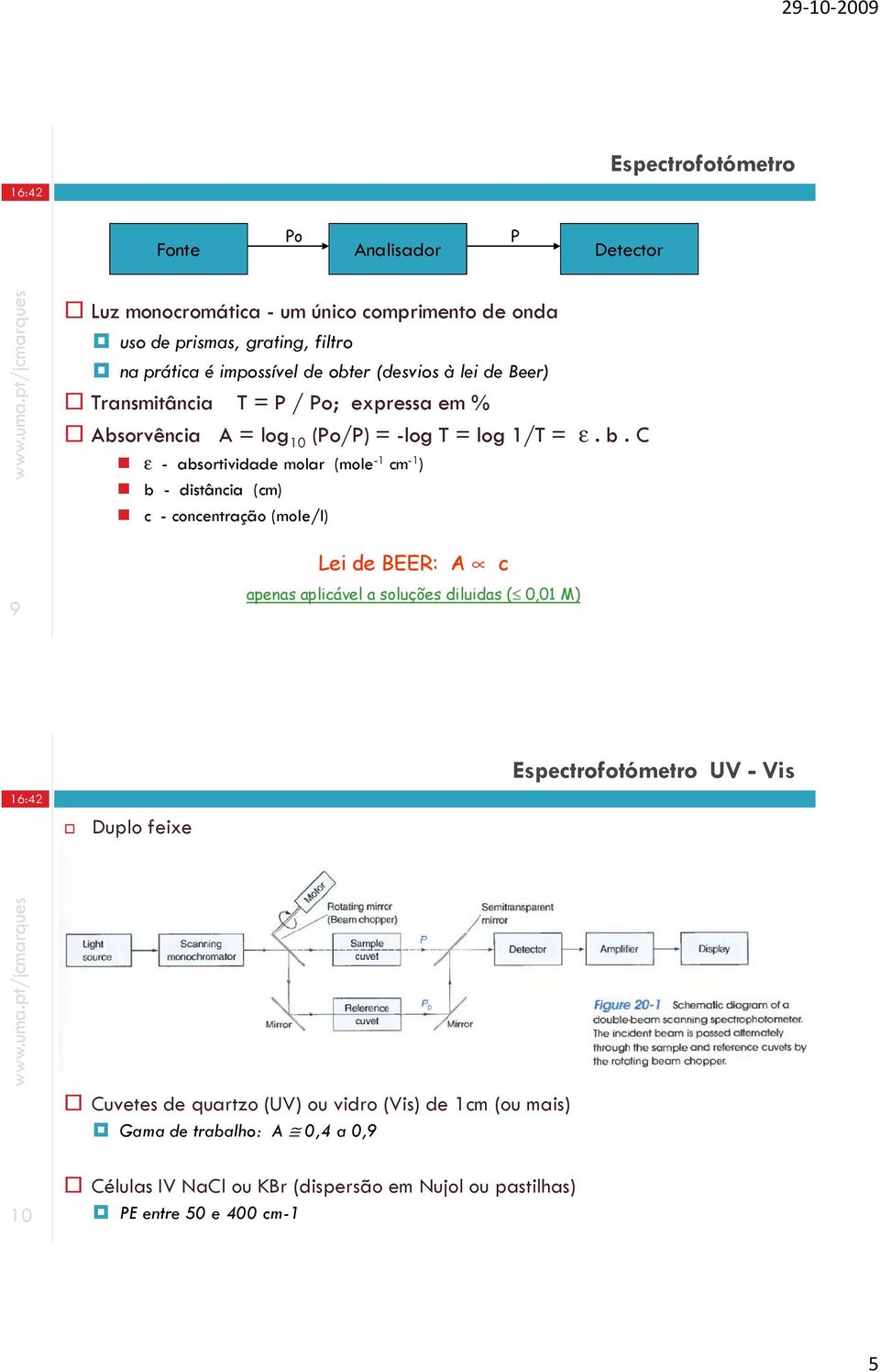 C ε - absortividade molar (mole -1 cm -1 ) b - distância (cm) c - concentração (mole/l) Lei de BEER: A c 9 apenas aplicável a soluções diluidas ( 0,01 M)