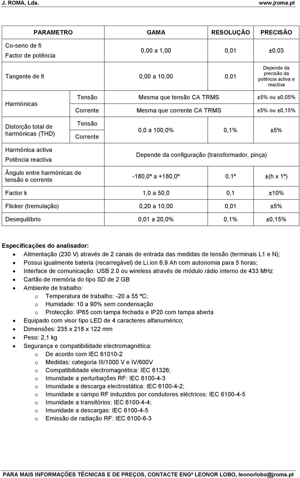 da configuração (transformador, pinça) Ângulo entre harmónicas de tensão e corrente -180,0º a +180,0º 0,1º ±(h x 1º) Factor k 1,0 a 50,0 0,1 ±10% Flicker (tremulação) 0,20 a 10,00 0,01 ±5%