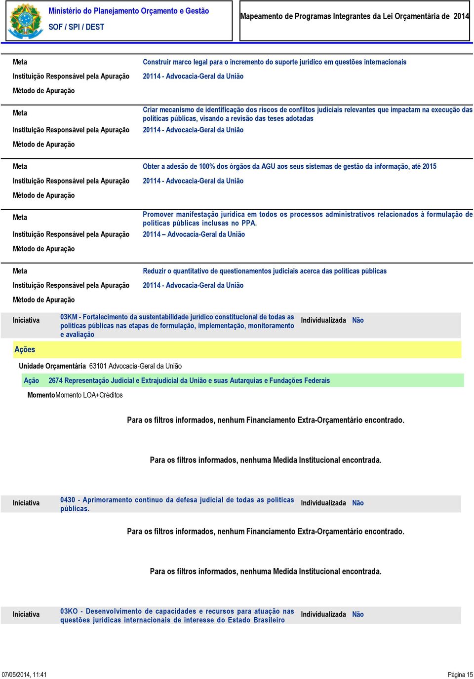 informação, até 2015 20114 - Advocacia-Geral da União Promover manifestação jurídica em todos os processos administrativos relacionados à formulação de políticas públicas inclusas no PPA.