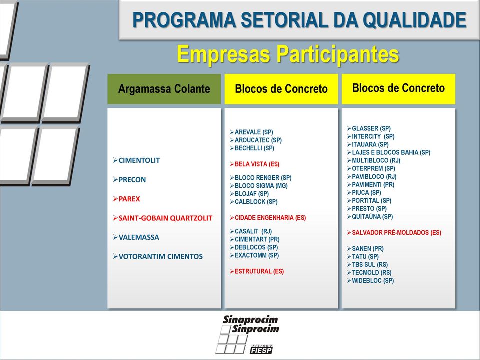 (ES) CASALIT (RJ) CIMENTART (PR) DEBLOCOS (SP) EXACTOMM (SP) ESTRUTURAL (ES) GLASSER (SP) INTERCITY (SP) ITAUARA (SP) LAJES E BLOCOS BAHIA (SP) MULTIBLOCO (RJ)