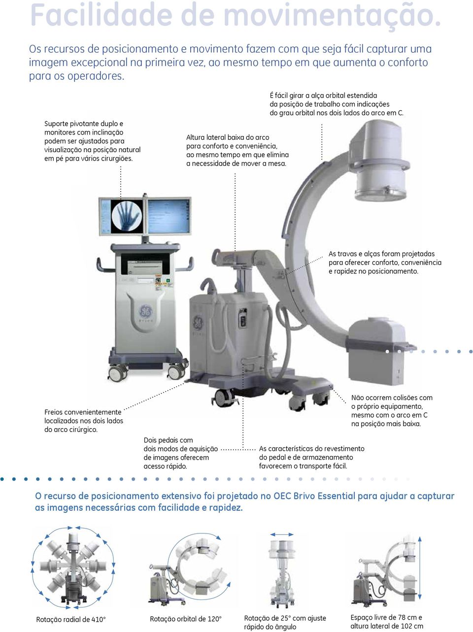Suporte pivotante duplo e monitores com inclinação podem ser ajustados para visualização na posição natural em pé para vários cirurgiões.