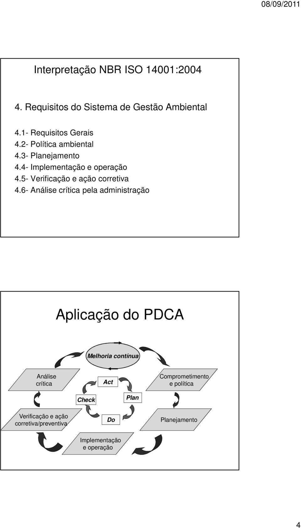 6- Análise crítica pela administração Aplicação do PDCA Melhoria contínua Análise crítica Act