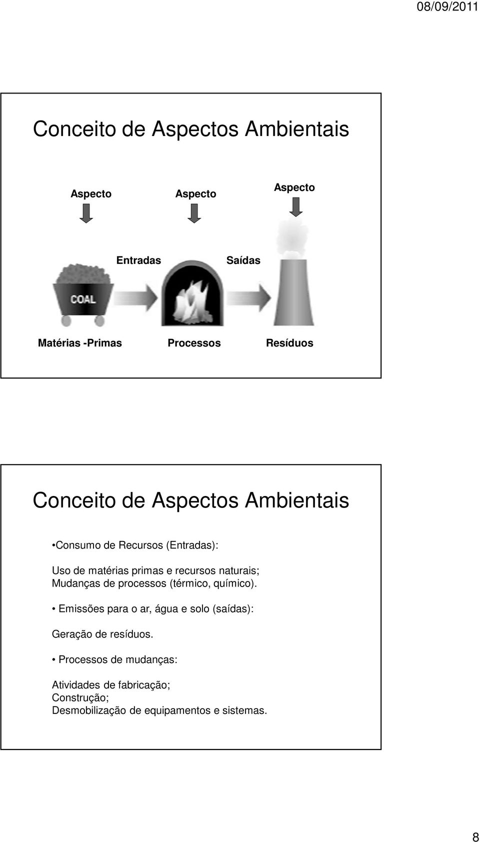 naturais; Mudanças de processos (térmico, químico).