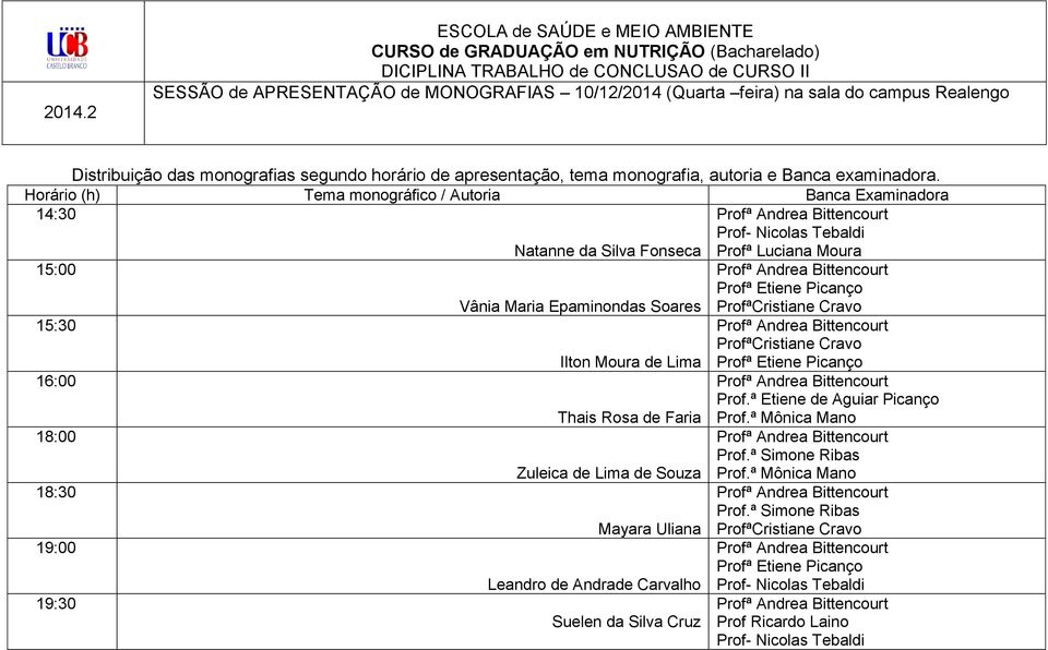 de Lima 16:00 Thais Rosa de Faria 18:00 Prof.ª Simone Ribas Zuleica de Lima de Souza 18:30 Prof.