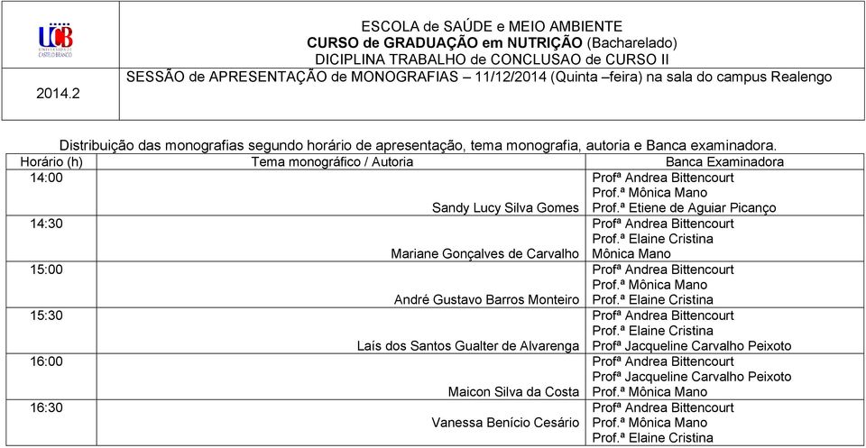 Gustavo Barros Monteiro 15:30 Laís dos Santos Gualter de Alvarenga Profª Jacqueline Carvalho