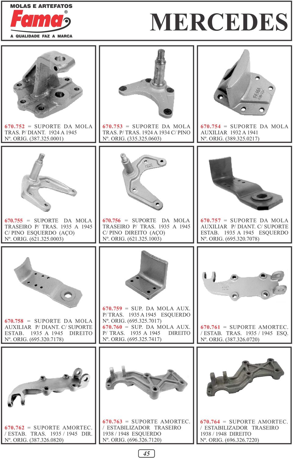 756 = SUPORTE DA MOLA TRASEIRO P/ TRAS. 1935 A 1945 C/ PINO DIREITO (AÇO) Nº. ORIG. (621.325.1003) 670.757 = SUPORTE DA MOLA AUXILIAR P/ DIANT. C/ SUPORTE ESTAB. 1935 A 1945 ESQUERDO Nº. ORIG. (695.