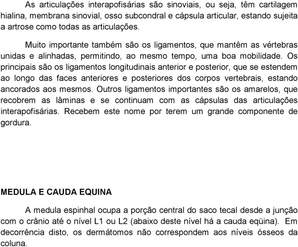 Os principais são os ligamentos longitudinais anterior e posterior, que se estendem ao longo das faces anteriores e posteriores dos corpos vertebrais, estando ancorados aos mesmos.