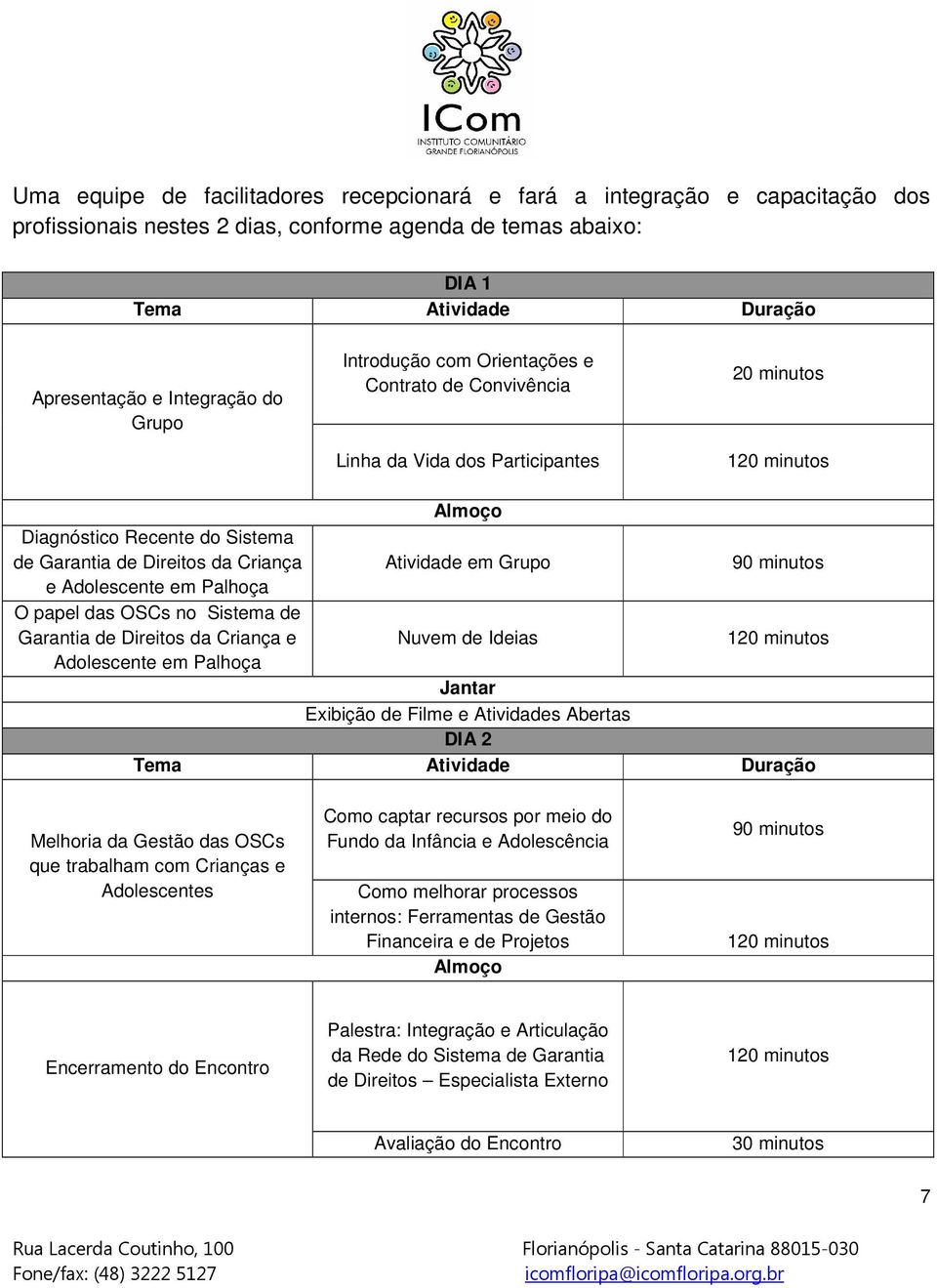 Grupo 90 minutos e Adolescente em Palhoça O papel das OSCs no Sistema de Garantia de Direitos da Criança e Nuvem de Ideias 120 minutos Adolescente em Palhoça Jantar Exibição de Filme e Atividades