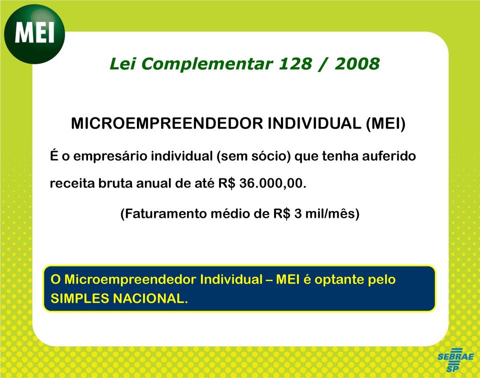 Lei Complementar 128 / 2008 MICROEMPREENDEDOR INDIVIDUAL (MEI) - PDF  Download grátis
