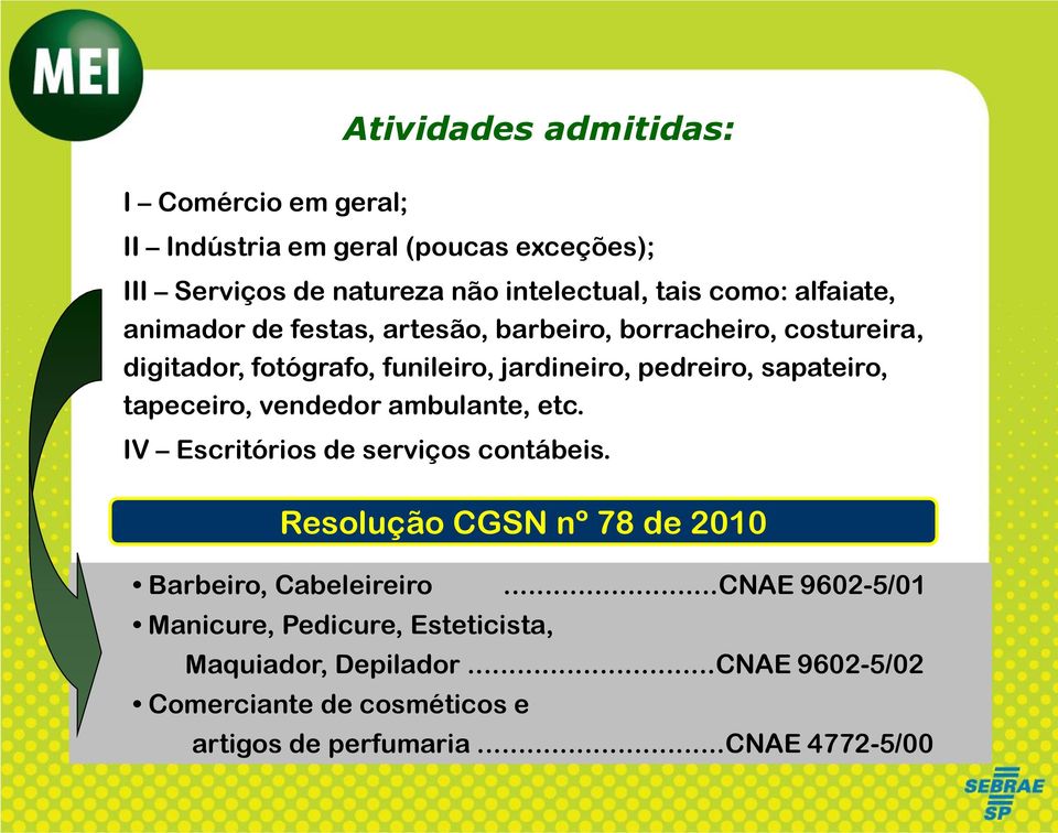 tapeceiro, vendedor ambulante, etc. IV Escritórios de serviços contábeis. Resolução CGSN nº 78 de 2010 Barbeiro, Cabeleireiro.