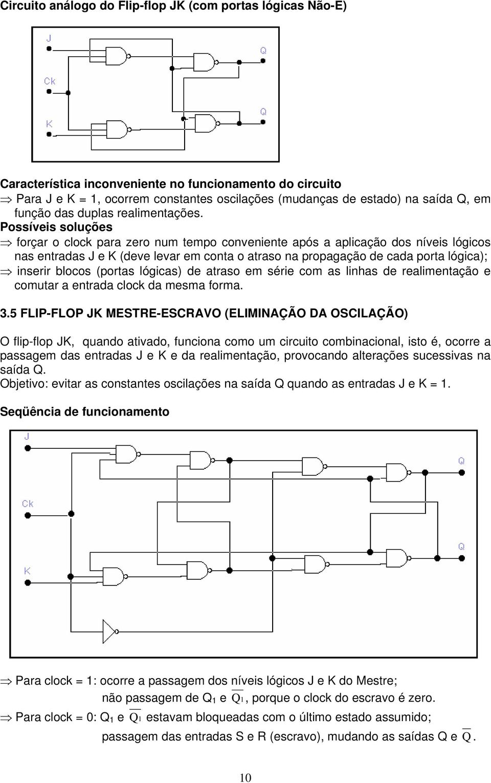 Possíveis soluções forçar o clock para zero num tempo conveniente após a aplicação dos níveis lógicos nas entradas J e K (deve levar em conta o atraso na propagação de cada porta lógica); inserir