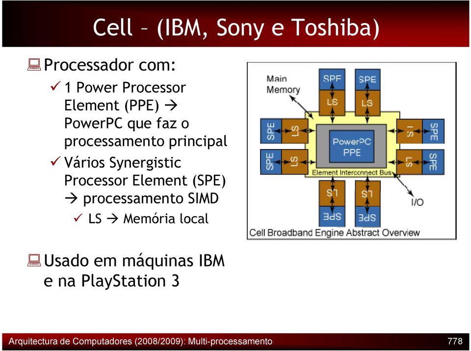 Element (SPE) processamento SIMD LS Memória local Usado em máquinas IBM e