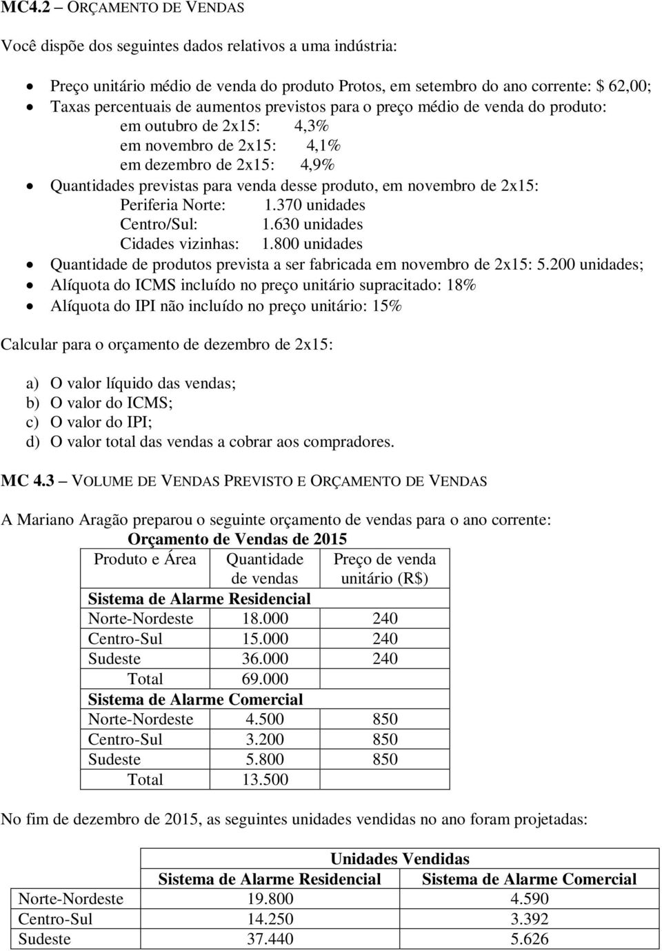 2x15: Periferia Norte: 1.370 unidades Centro/Sul: 1.630 unidades Cidades vizinhas: 1.800 unidades Quantidade de produtos prevista a ser fabricada em novembro de 2x15: 5.