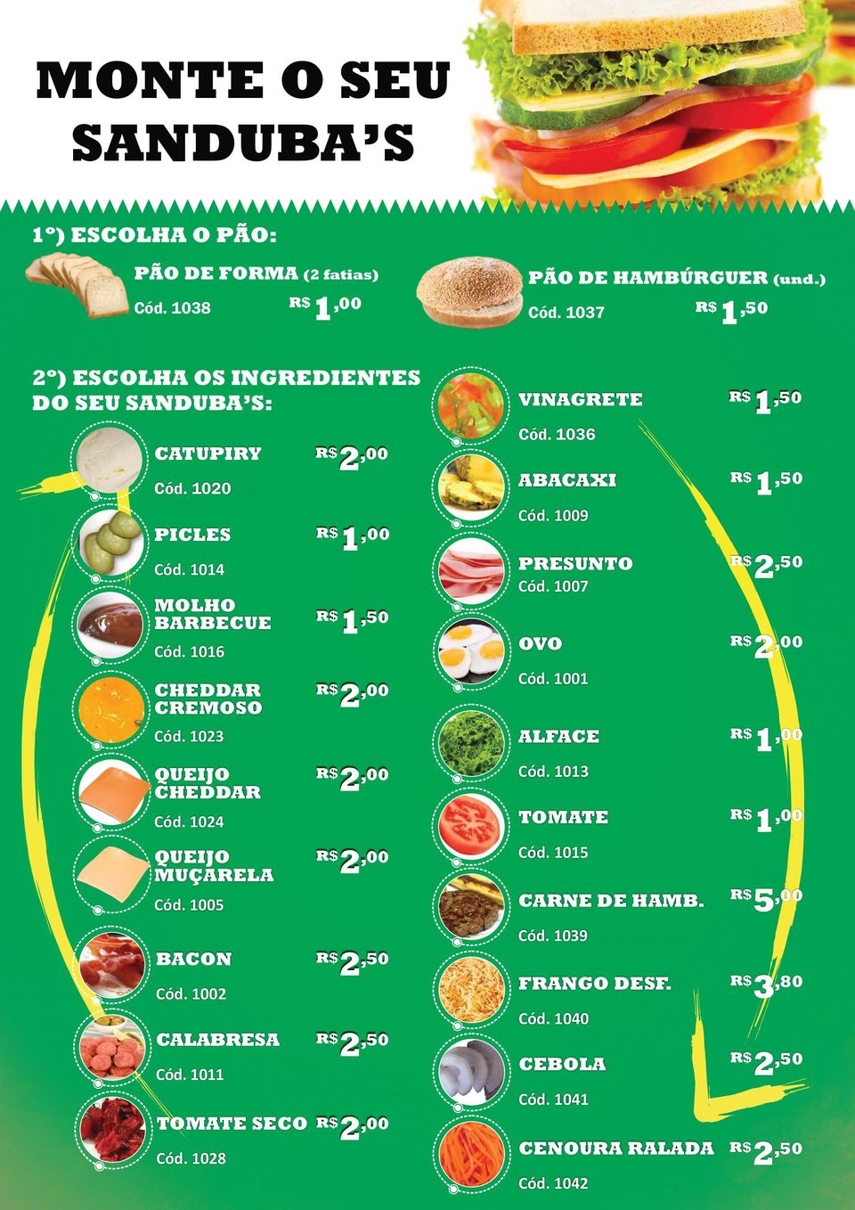 1020 ABACAXI 1,00 1,00 5,00 3,80 Cód. 1009 PICLES 1,00 Cód. 1014 MOLHO BARBECUE Cód. 1007 Cód. 1016 CHEDDAR CREMOSO 2,00 Cód.