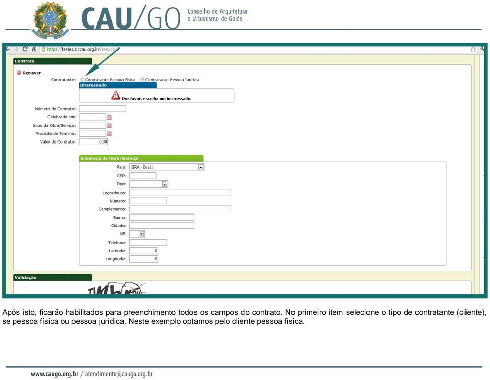 No primeiro item selecione o tipo de contratante