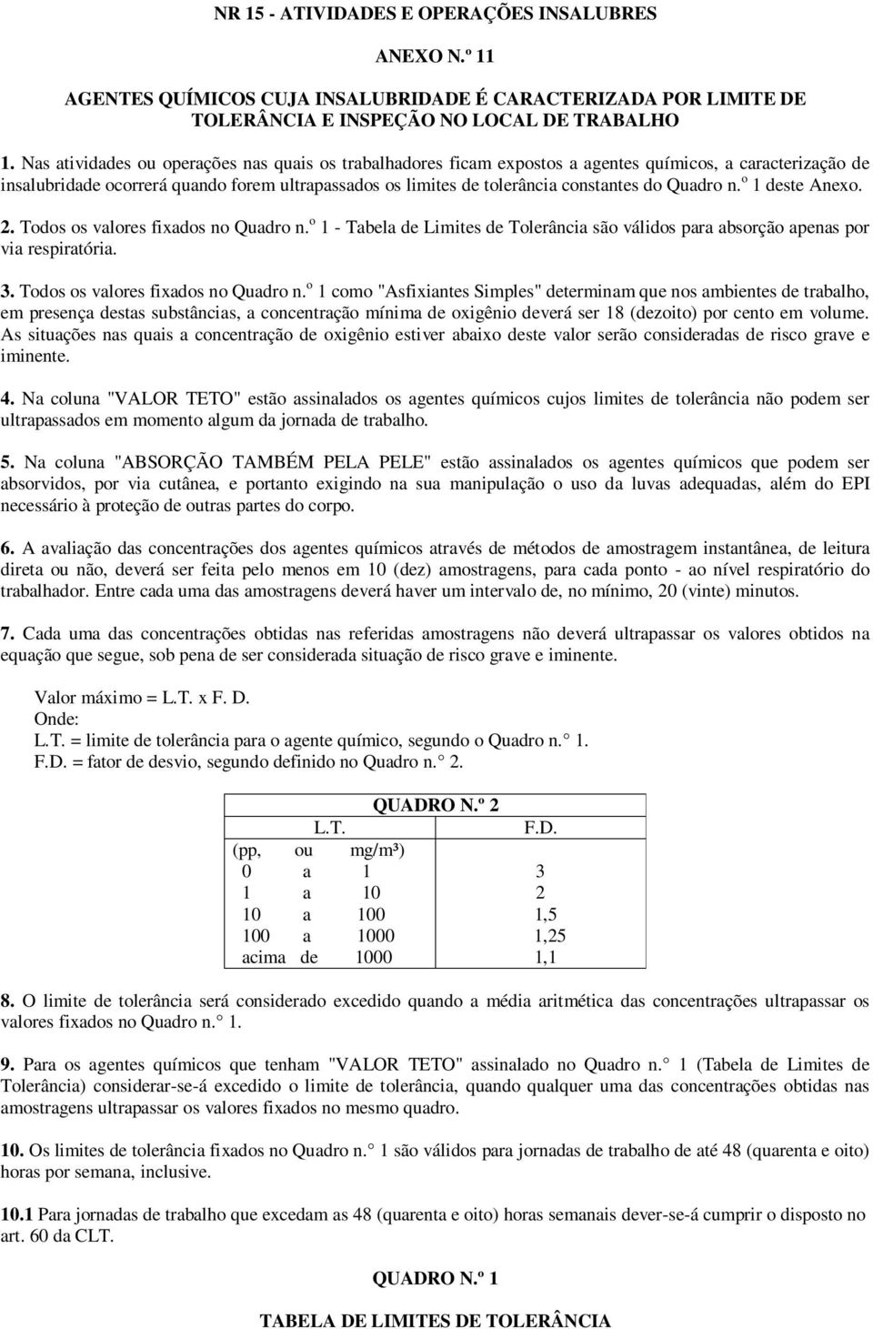 Quadro n. o 1 deste Anexo. 2. Todos os valores fixados no Quadro n. o 1 - Tabela de Limites de Tolerância são válidos para absorção apenas por via respiratória. 3.