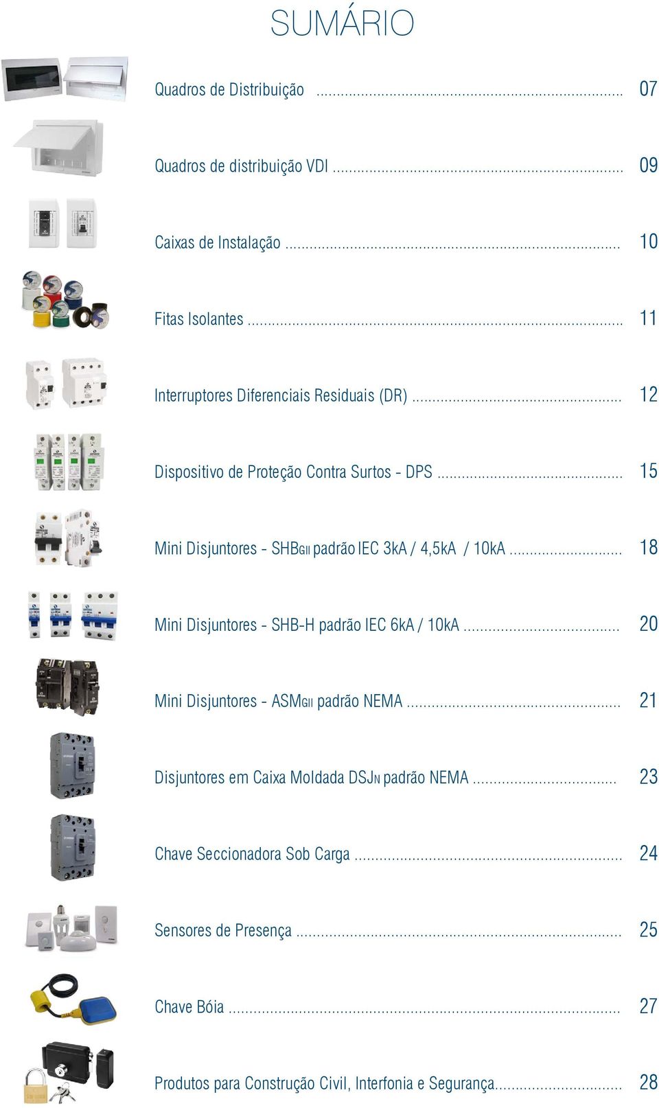 .. 15 Mini Disjuntores - SHBGII padrão iec 3kA / 4,5kA / 10kA... 18 Mini Disjuntores - SHB-H padrão IEC 6kA / 10kA.