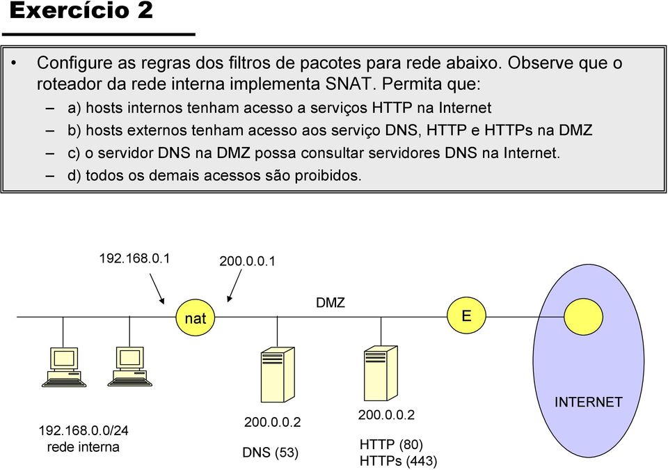 Permita que: a) hosts internos tenham acesso a serviços HTTP na Internet b) hosts externos tenham acesso aos serviço DNS,