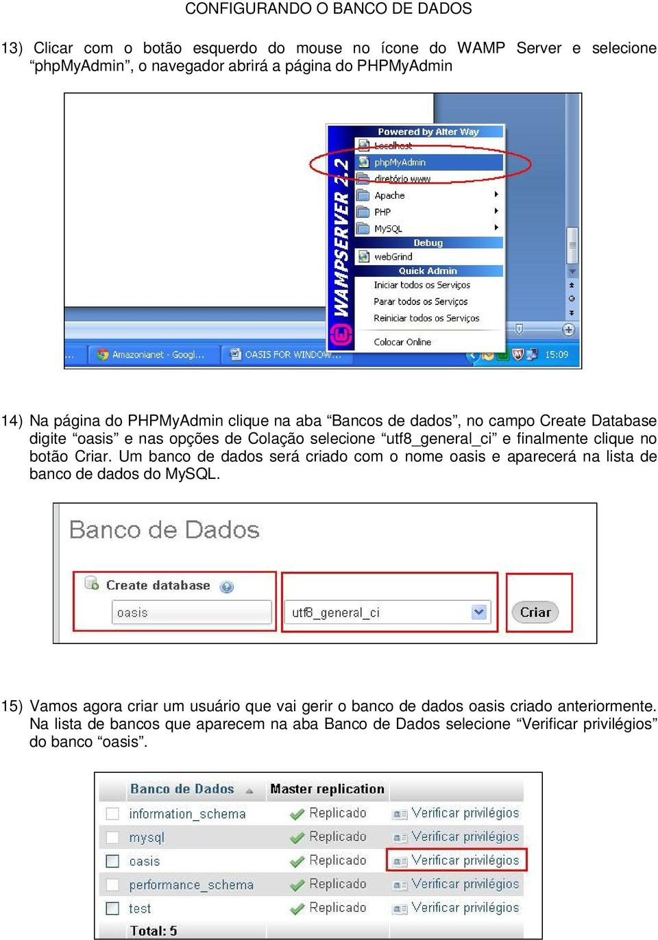 e finalmente clique no botão Criar. Um banco de dados será criado com o nome oasis e aparecerá na lista de banco de dados do MySQL.