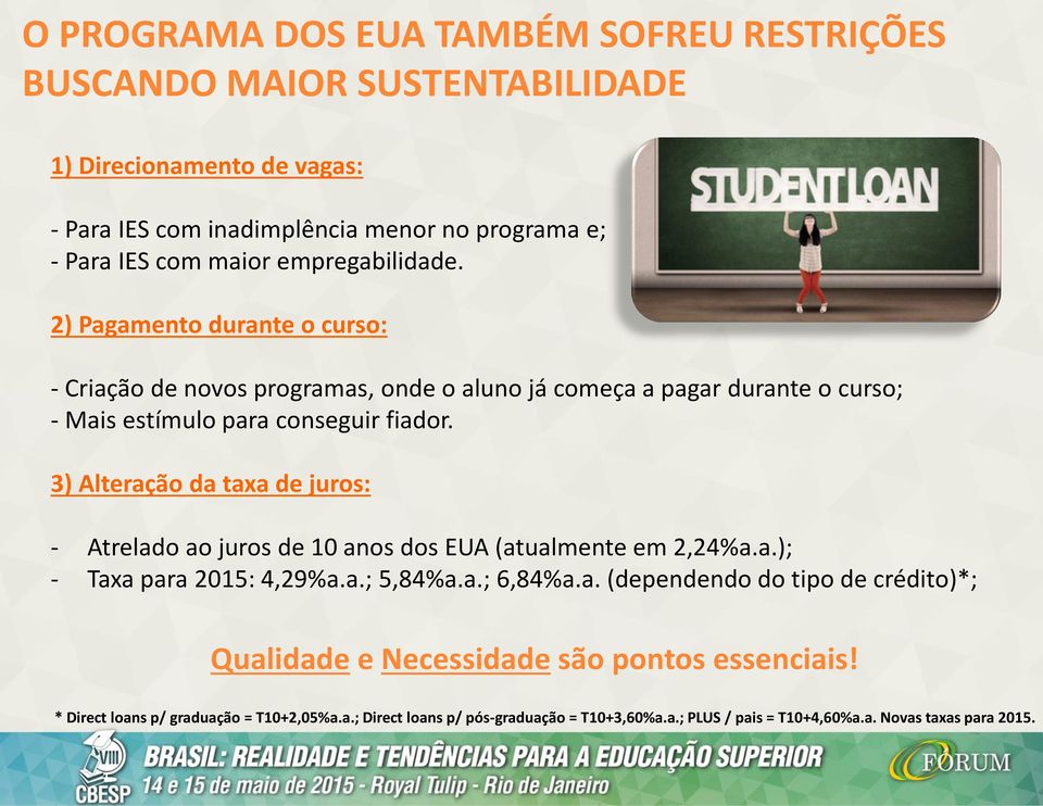 3) Alteração da taxa de juros: - Atrelado ao juros de 10 anos dos EUA (atualmente em 2,24%a.a.); - Taxa para 2015: 4,29%a.a.; 5,84%a.a.; 6,84%a.a. (dependendo do tipo de crédito)*; Qualidade e Necessidade são pontos essenciais!