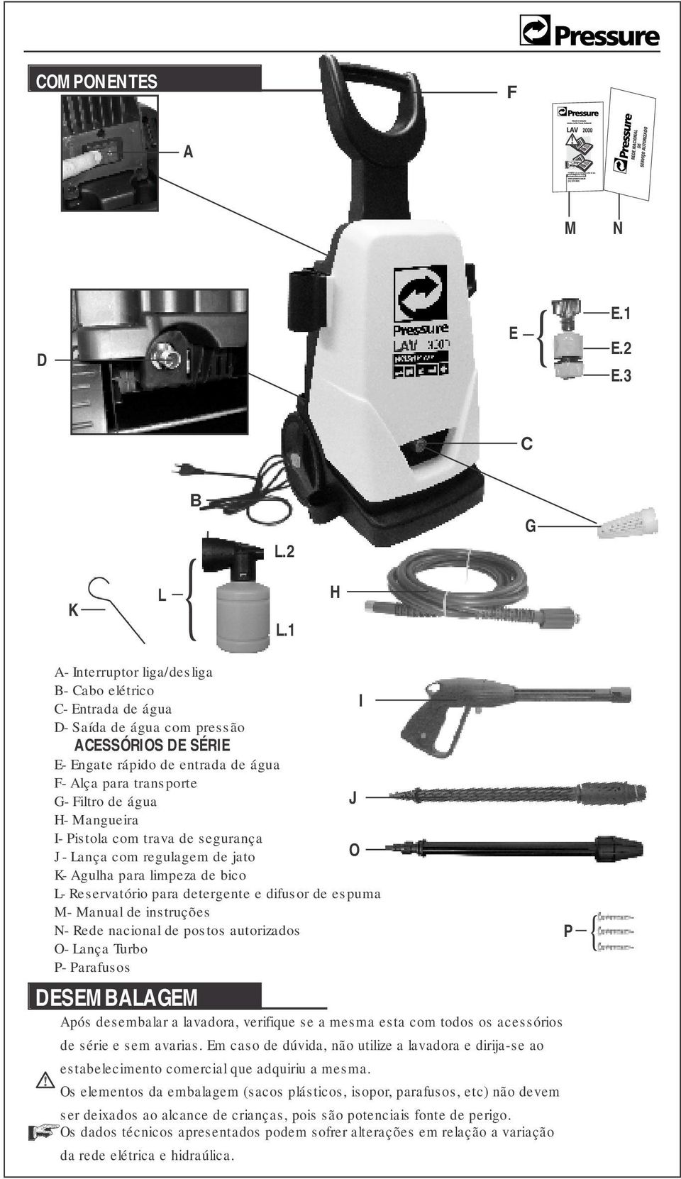 L.1 H G A- Interruptor liga/desliga B- Cabo elétrico C- Entrada de água I D- Saída de água com pressão ACESSÓRIOS DE SÉRIE E- Engate rápido de entrada de água F- Alça para transporte G- Filtro de
