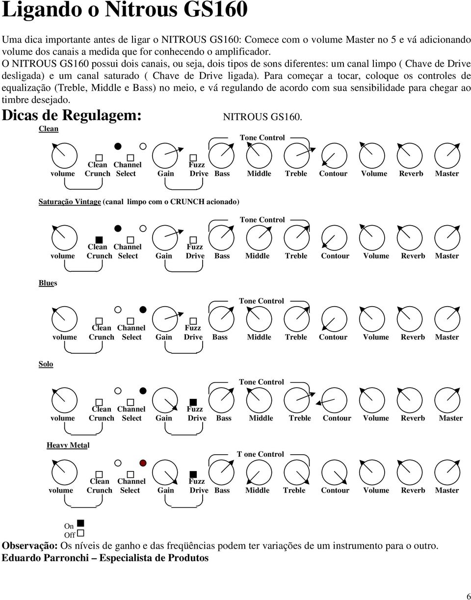 Para começar a tocar, coloque os controles de equalização (Treble, Middle e Bass) no meio, e vá regulando de acordo com sua sensibilidade para chegar ao timbre desejado.