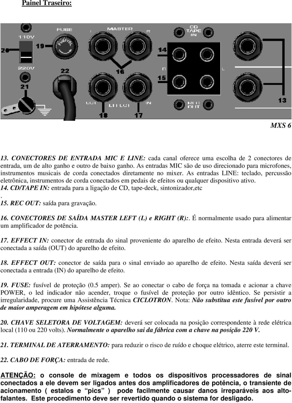 As entradas LINE: teclado, percussão eletrônica, instrumentos de corda conectados em pedais de efeitos ou qualquer dispositivo ativo. 14.