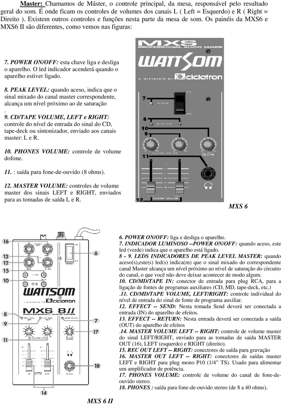 O led indicador acenderá quando o aparelho estiver ligado. 8. PEAK LEVEL: quando aceso, indica que o sinal mixado do canal master correspondente, alcança um nível próximo ao de saturação. 9.