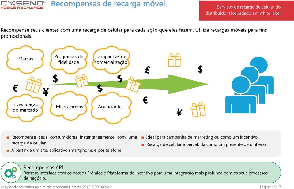 Marcas Programas de fidelidade Campanhas de comercialização Investigação do mercado Micro tarefas Anunciantes Recompense seus consumidores instantaneamente com uma recarga de celular A partir de um